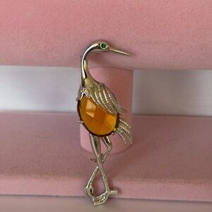 Vintage-Style Flamingo,Baltic Amber Crane Brooch with Green Spinel Eye